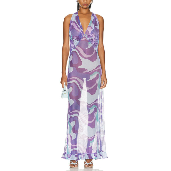 Adriana Degreas Wave Halterneck 'Frilled' Purple Polyester Long Dress Size S - Picture 1 of 5